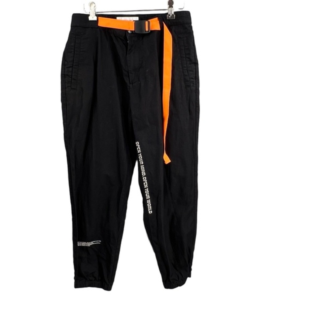 Trendiano Pants Black Jogger Orange Belt‎ Logo Graphics Cotton Linen Large